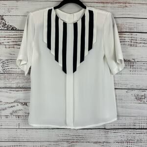 Womens VTG 80s Nicola Petites White Black Stripe Poly Blouse Back Button Size 4P